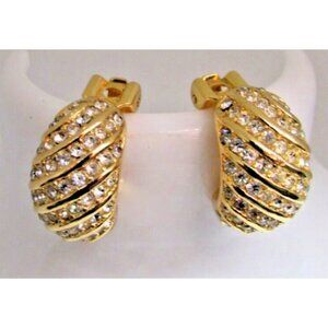 Vintage Christian Dior Pave White Crystals Gold Tone Clip Earrings w/box